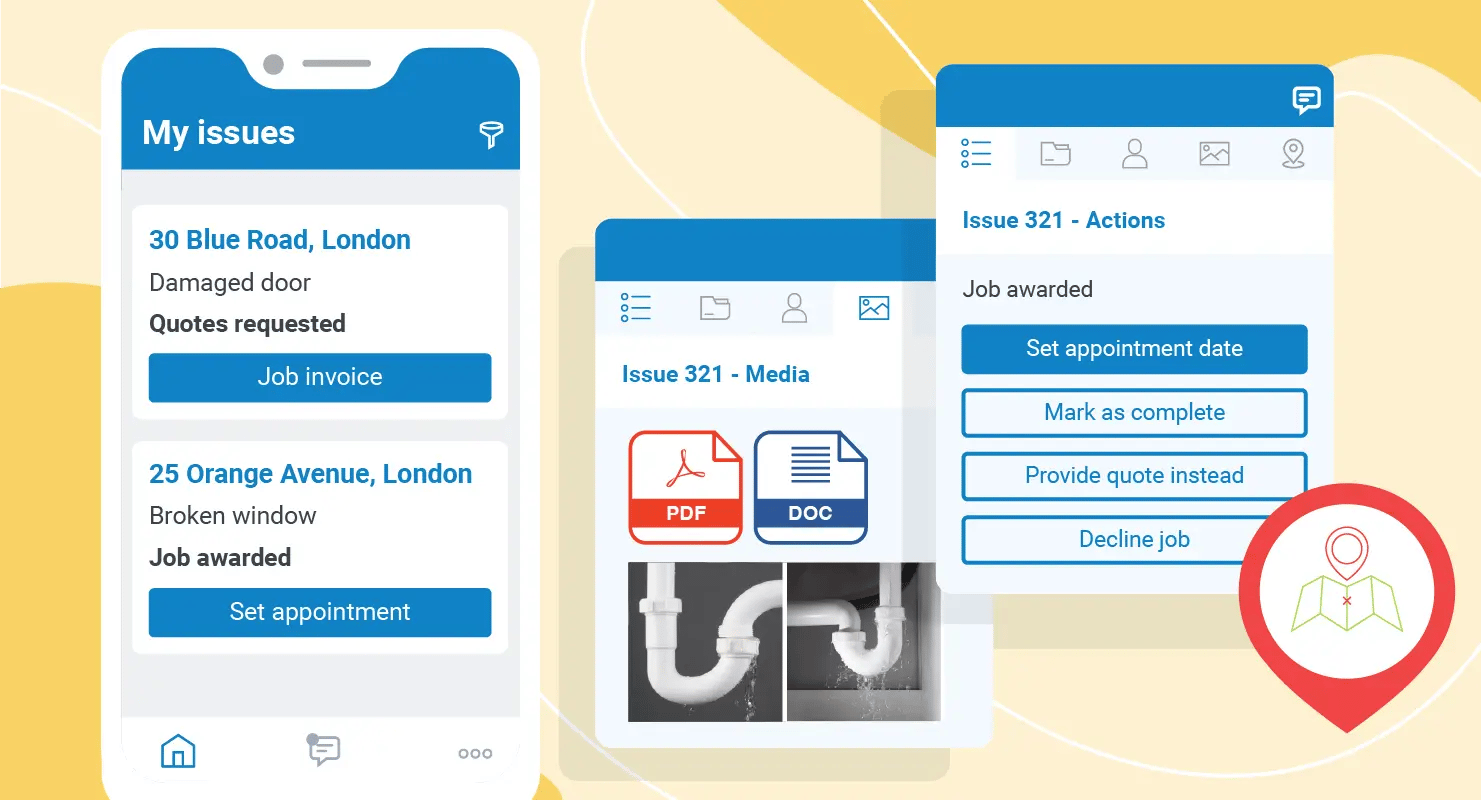 Illustration of the Fixflo Contractor App, where tradespeople are able to progress issues, add documents and pictures and set up invoices.