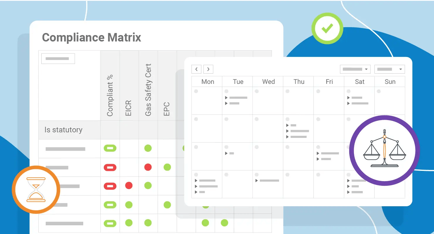 Illustration of the Compliance Matrix and calendar on the Fixflo platform, showing all compliance levels across properties