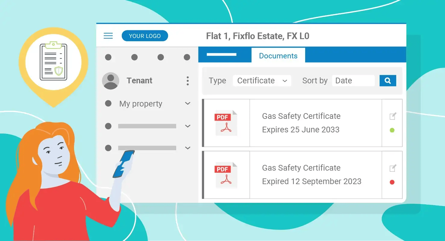 Illustration of an occupier viewing their property's documents and certificates on the Fixflo platform